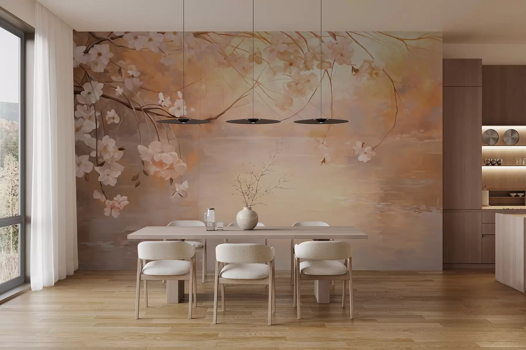 wall murals Abstract landscape art with blossom branch and white flowers hanging over a lake, soft pastel colors w09046