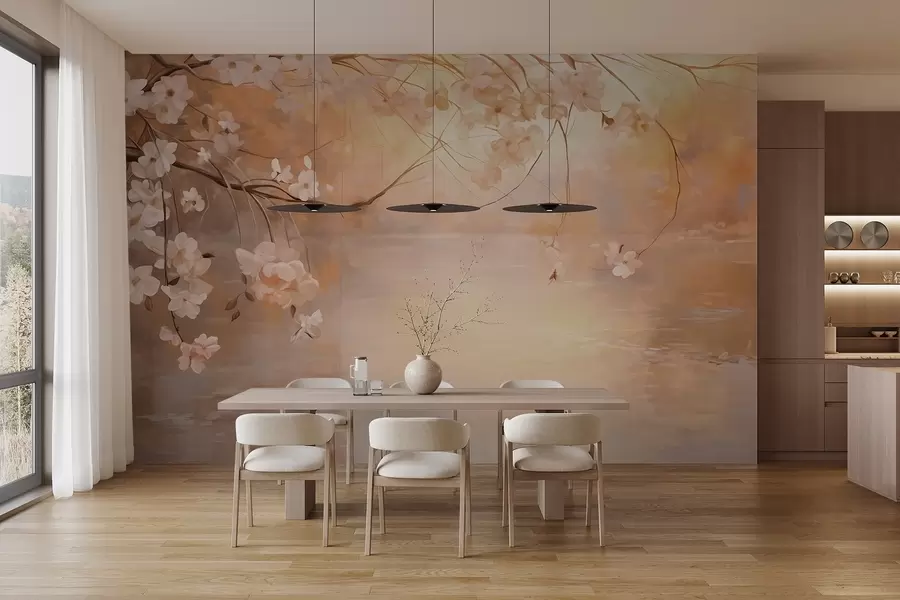 wall murals Abstract landscape art with blossom branch and white flowers hanging over a lake, soft pastel colors w09046