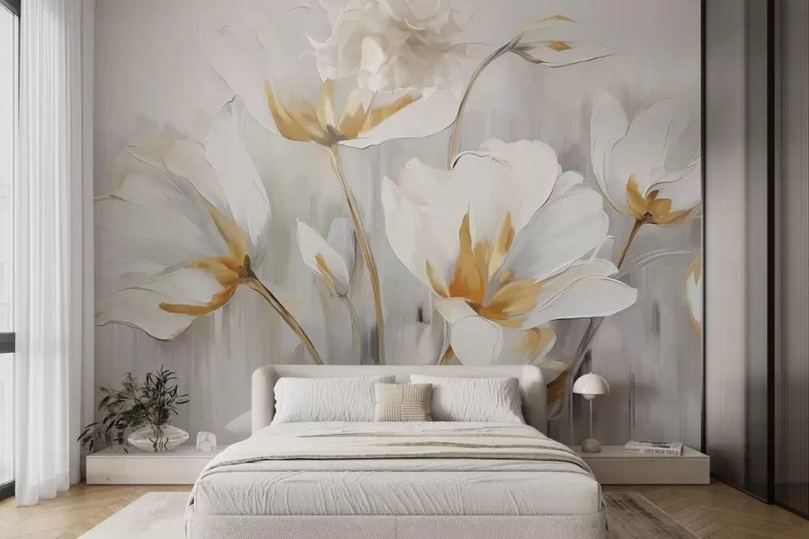 wall murals White abstract flowers with white petals and stems on a gray background with gray and white vertical brushstrokes  w09047