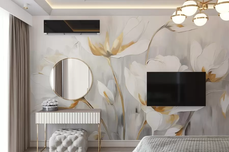 wall murals White abstract flowers with white petals and stems on a gray background with gray and white vertical brushstrokes  w09047