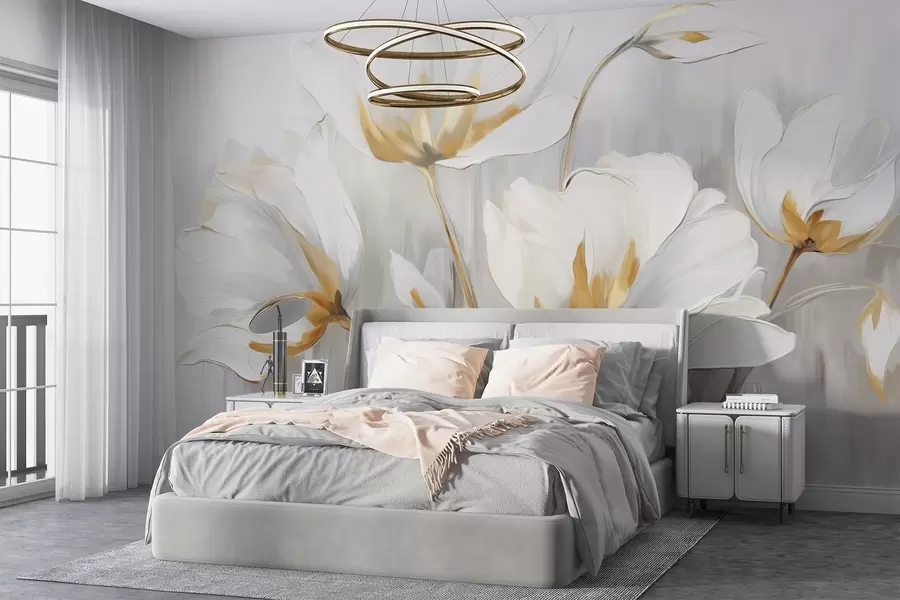wall murals White abstract flowers with white petals and stems on a gray background with gray and white vertical brushstrokes  w09047