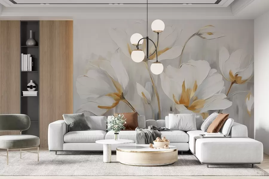 wall murals White abstract flowers with white petals and stems on a gray background with gray and white vertical brushstrokes  w09047