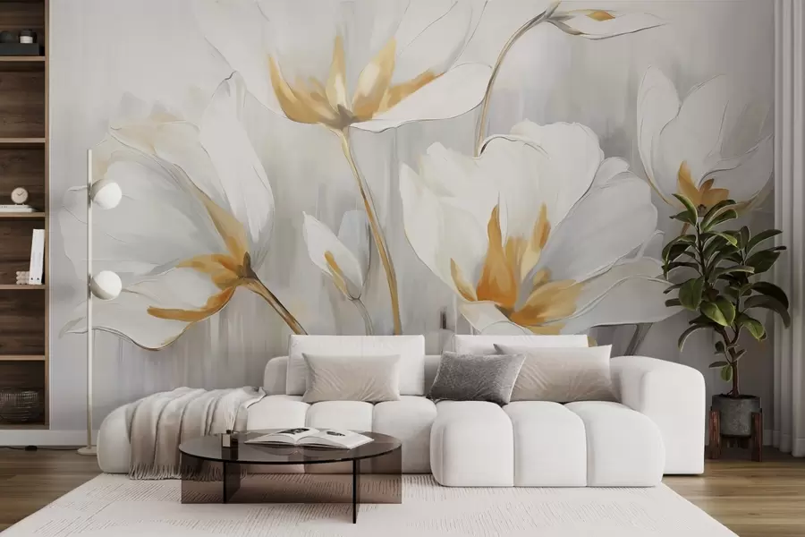 wall murals White abstract flowers with white petals and stems on a gray background with gray and white vertical brushstrokes  w09047