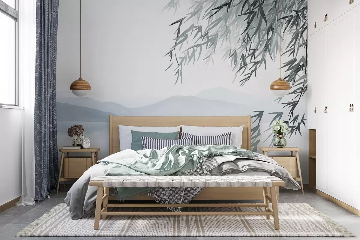 wall murals Bamboo leaves hanging over a lake with mountains in the background, soft blue and white tones, ink wash painting style w09048