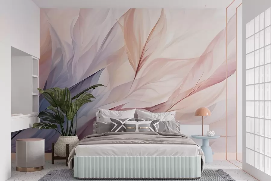 wall murals Abstract floral design with flowing petals in pastel shades of pink, peach, and blue, creating a soft and dreamy composition w09049