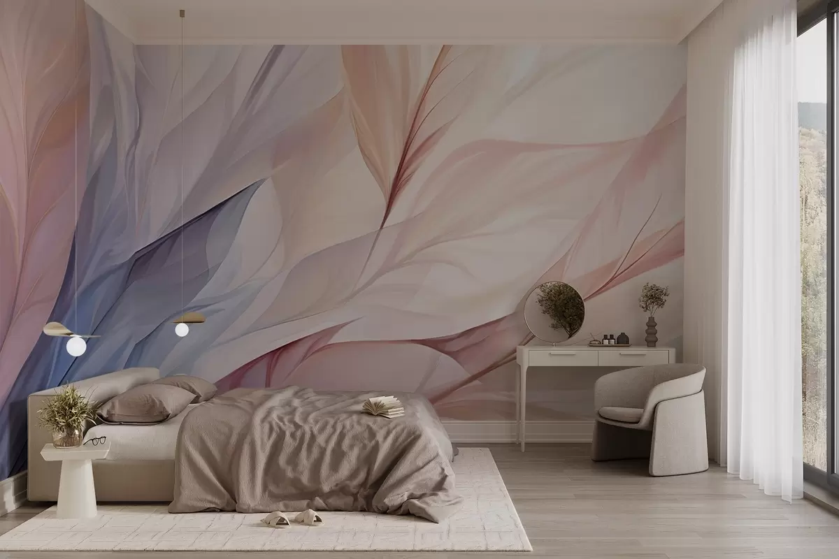 wall murals Abstract floral design with flowing petals in pastel shades of pink, peach, and blue, creating a soft and dreamy composition w09049