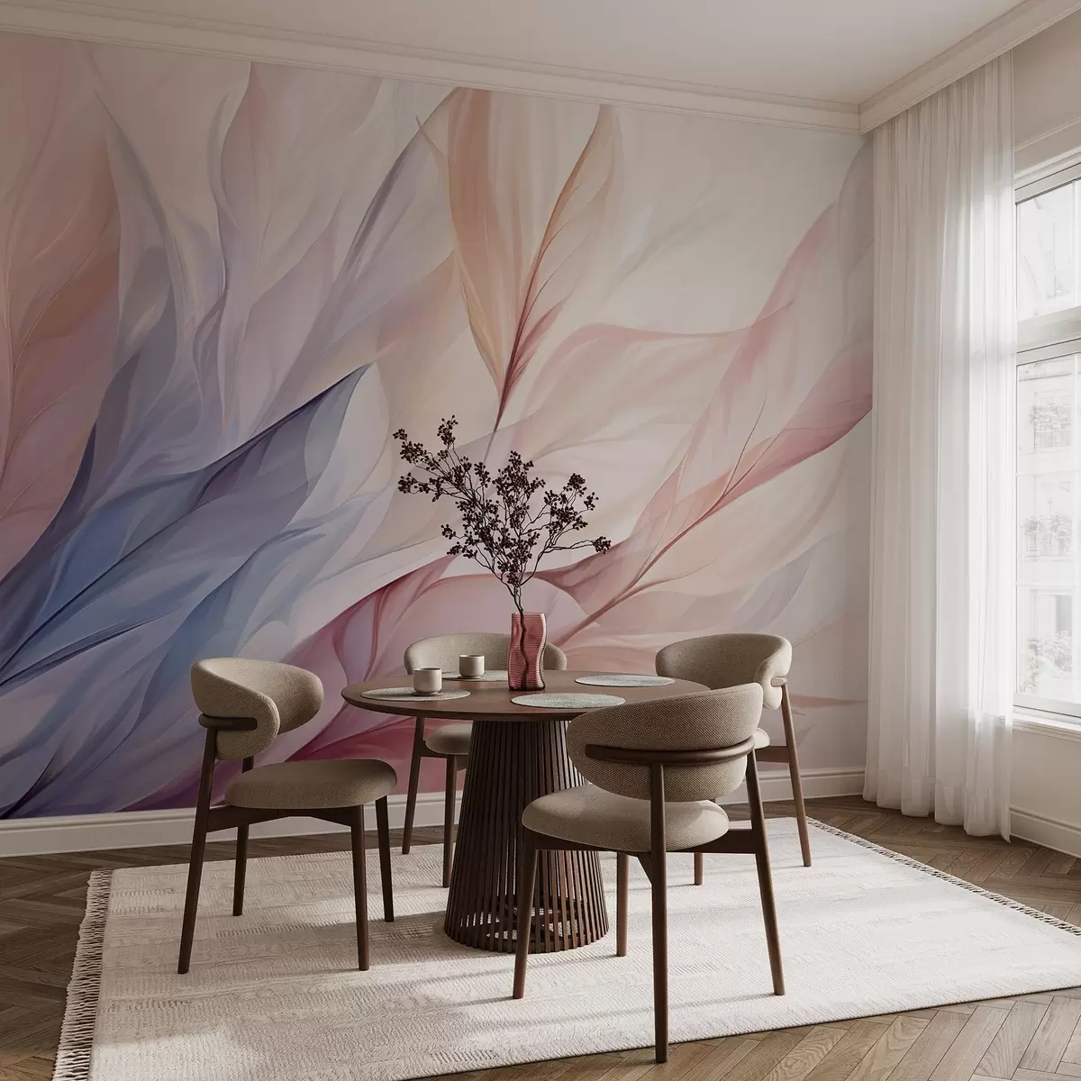 wall murals Abstract floral design with flowing petals in pastel shades of pink, peach, and blue, creating a soft and dreamy composition w09049