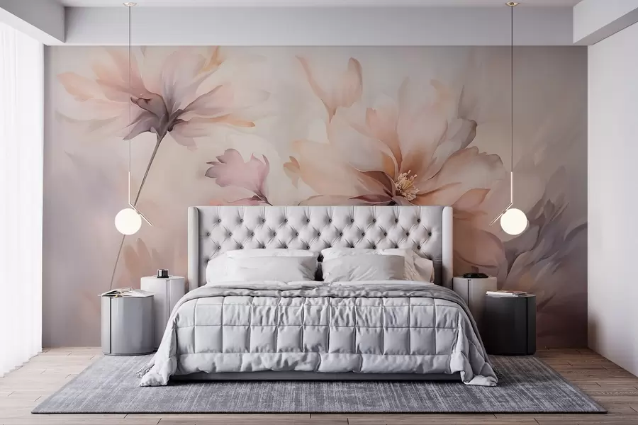 wall murals A delicate floral art with large pastel-colored flowers with translucent petals, soft stems, and a gentle diffused background  w09050
