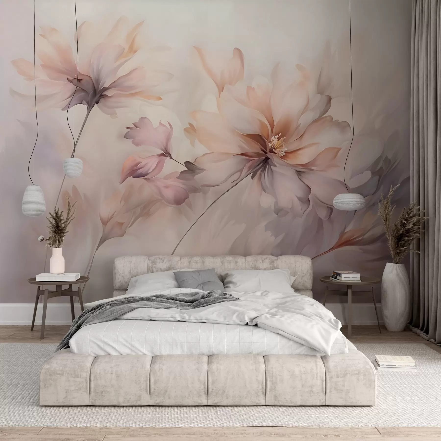 wall murals A delicate floral art with large pastel-colored flowers with translucent petals, soft stems, and a gentle diffused background  w09050