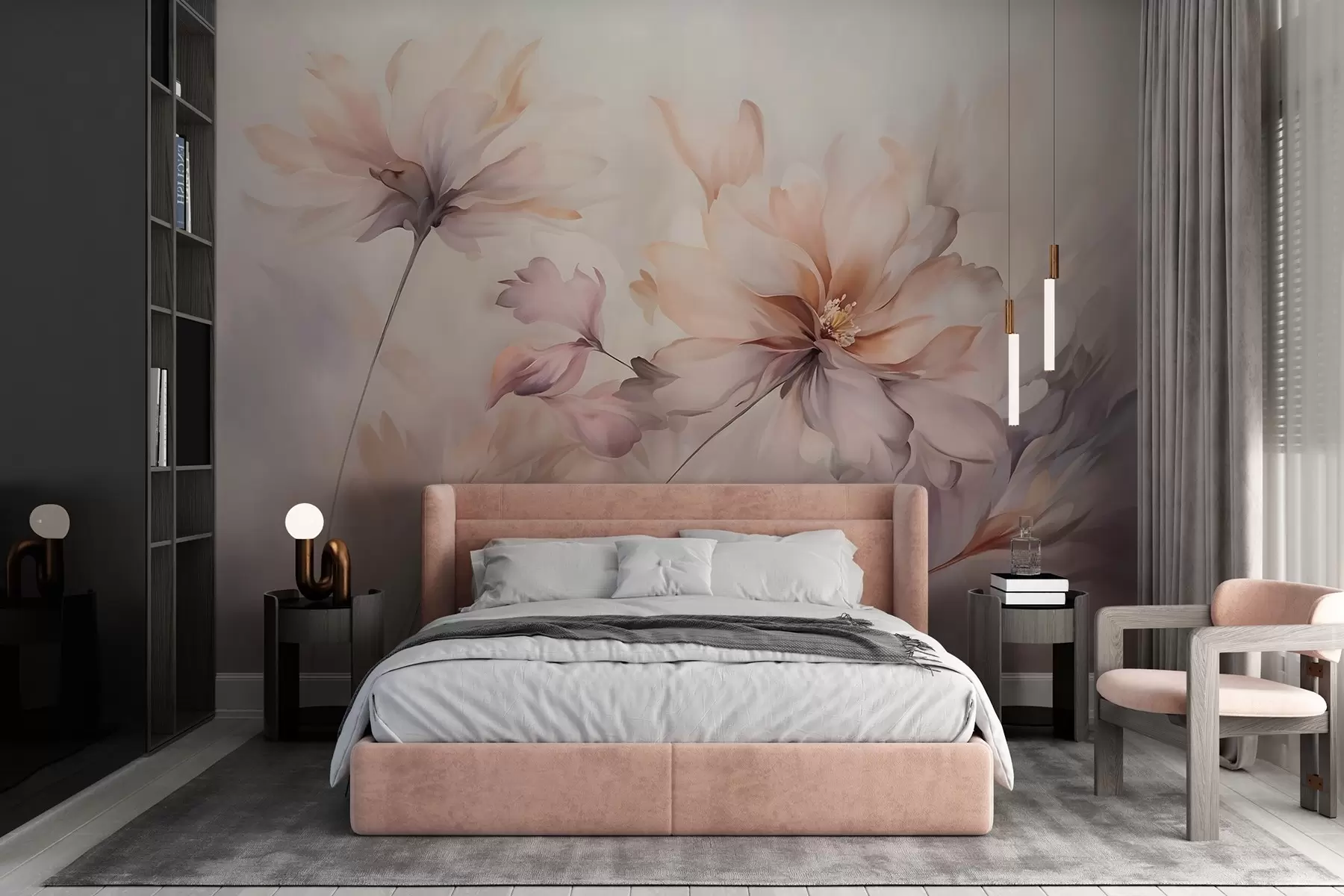 wall murals A delicate floral art with large pastel-colored flowers with translucent petals, soft stems, and a gentle diffused background  w09050