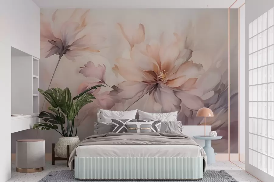 wall murals A delicate floral art with large pastel-colored flowers with translucent petals, soft stems, and a gentle diffused background  w09050