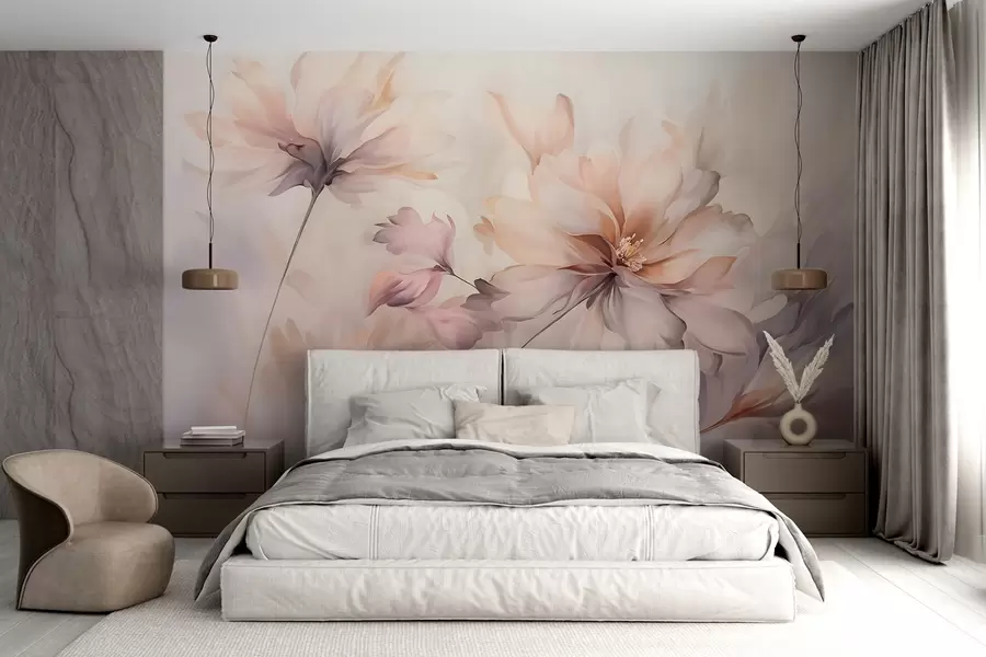wall murals A delicate floral art with large pastel-colored flowers with translucent petals, soft stems, and a gentle diffused background  w09050