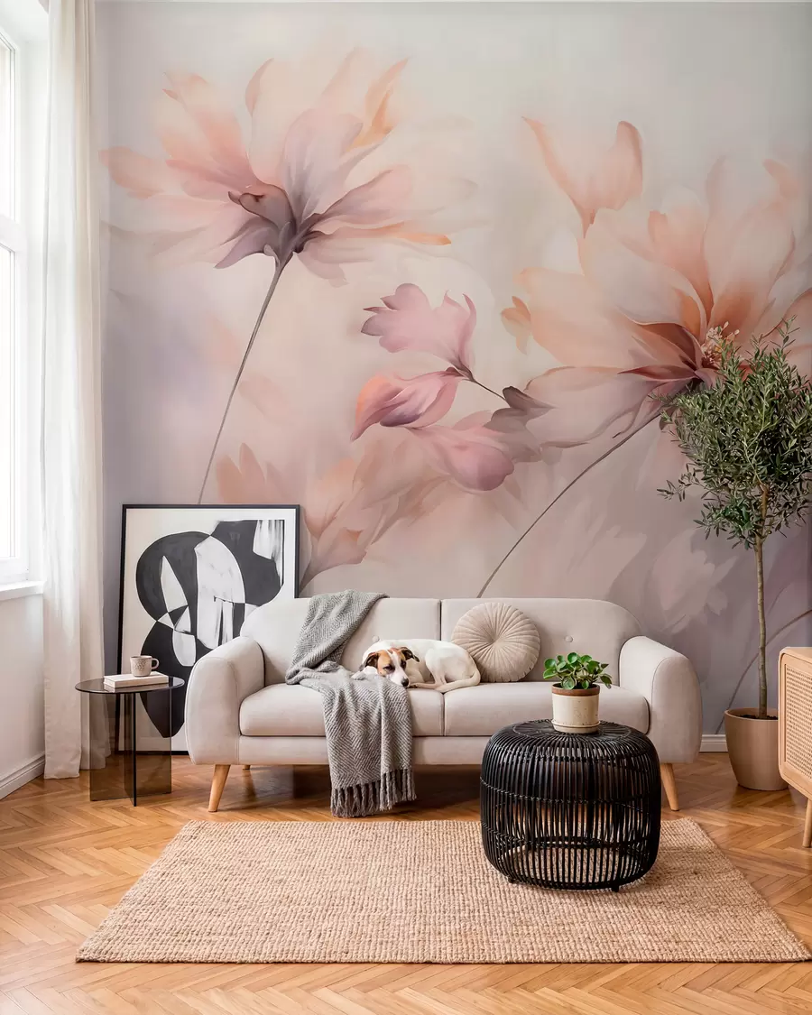 wall murals A delicate floral art with large pastel-colored flowers with translucent petals, soft stems, and a gentle diffused background  w09050