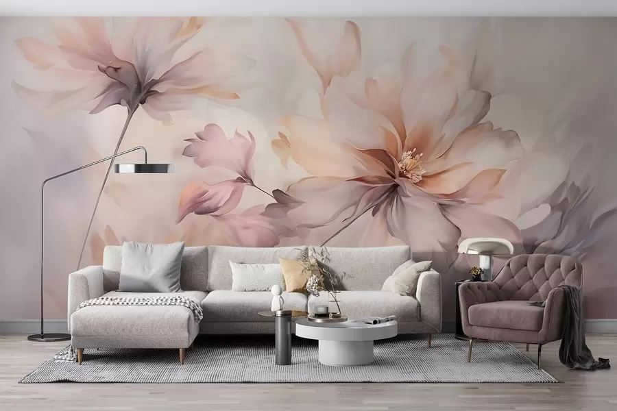 wall murals A delicate floral art with large pastel-colored flowers with translucent petals, soft stems, and a gentle diffused background  w09050
