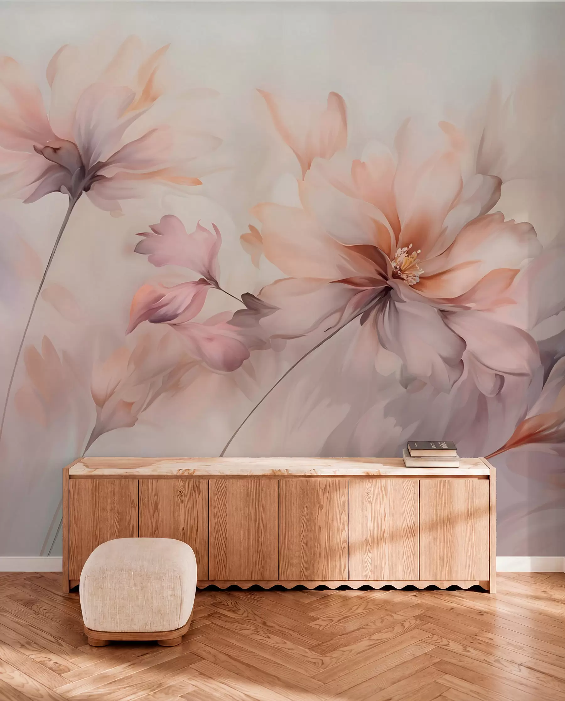 wall murals A delicate floral art with large pastel-colored flowers with translucent petals, soft stems, and a gentle diffused background  w09050