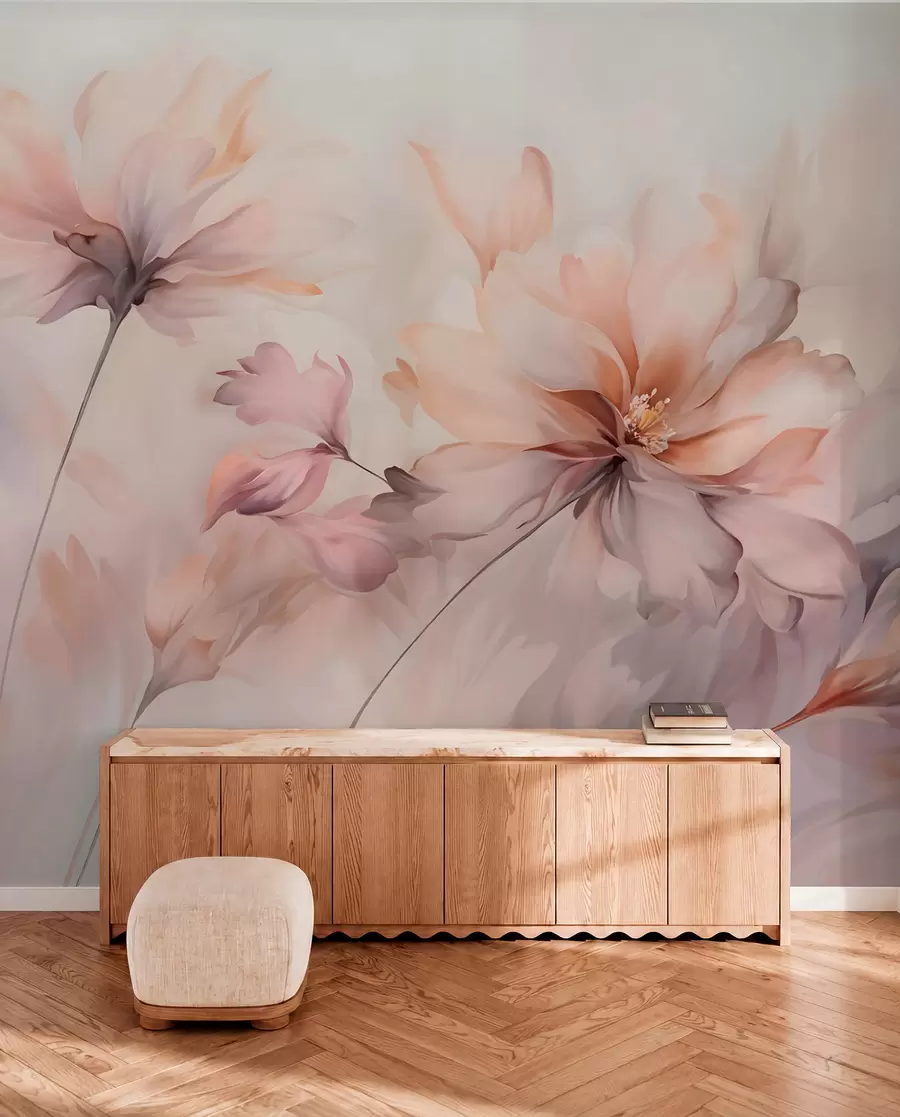 wall murals A delicate floral art with large pastel-colored flowers with translucent petals, soft stems, and a gentle diffused background  w09050