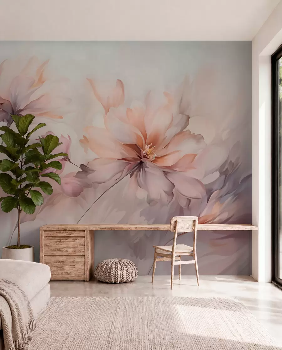 wall murals A delicate floral art with large pastel-colored flowers with translucent petals, soft stems, and a gentle diffused background  w09050