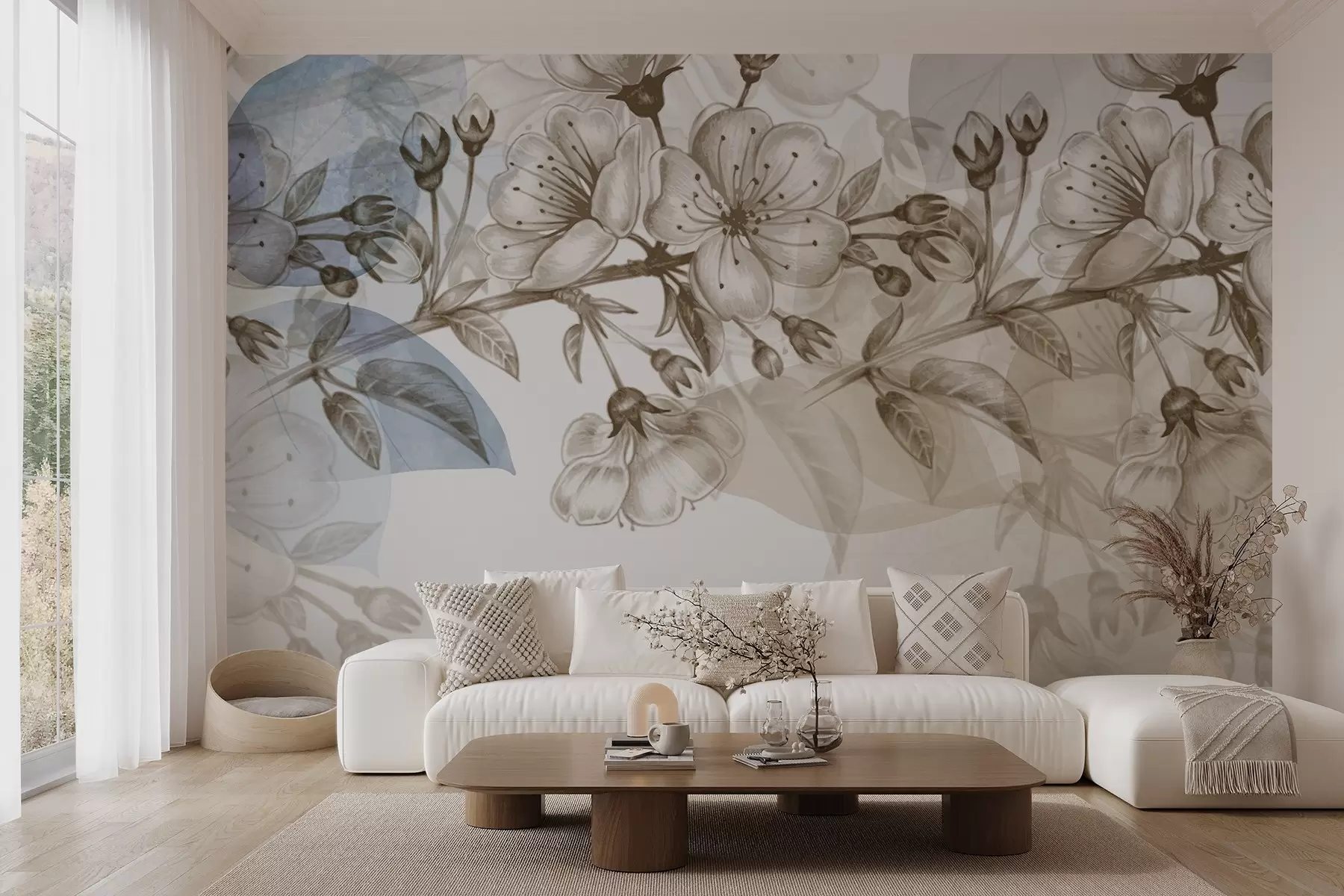 wall murals Cherry blossom branch with flowers and buds, sepia tones, soft watercolor-like background with blue and brown hues  w09051