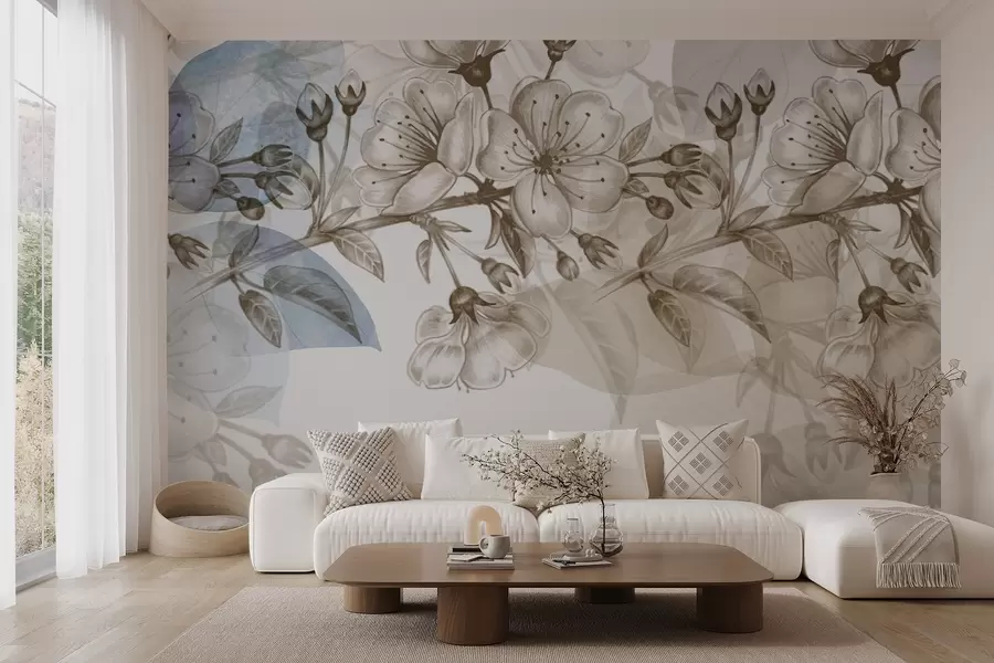 wall murals Cherry blossom branch with flowers and buds, sepia tones, soft watercolor-like background with blue and brown hues  w09051