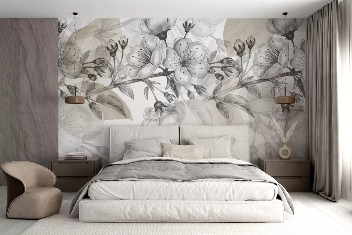 wall murals Cherry blossom branch with flowers and buds, sepia tones, soft watercolor-like background with gray and brown hues  w09051v1