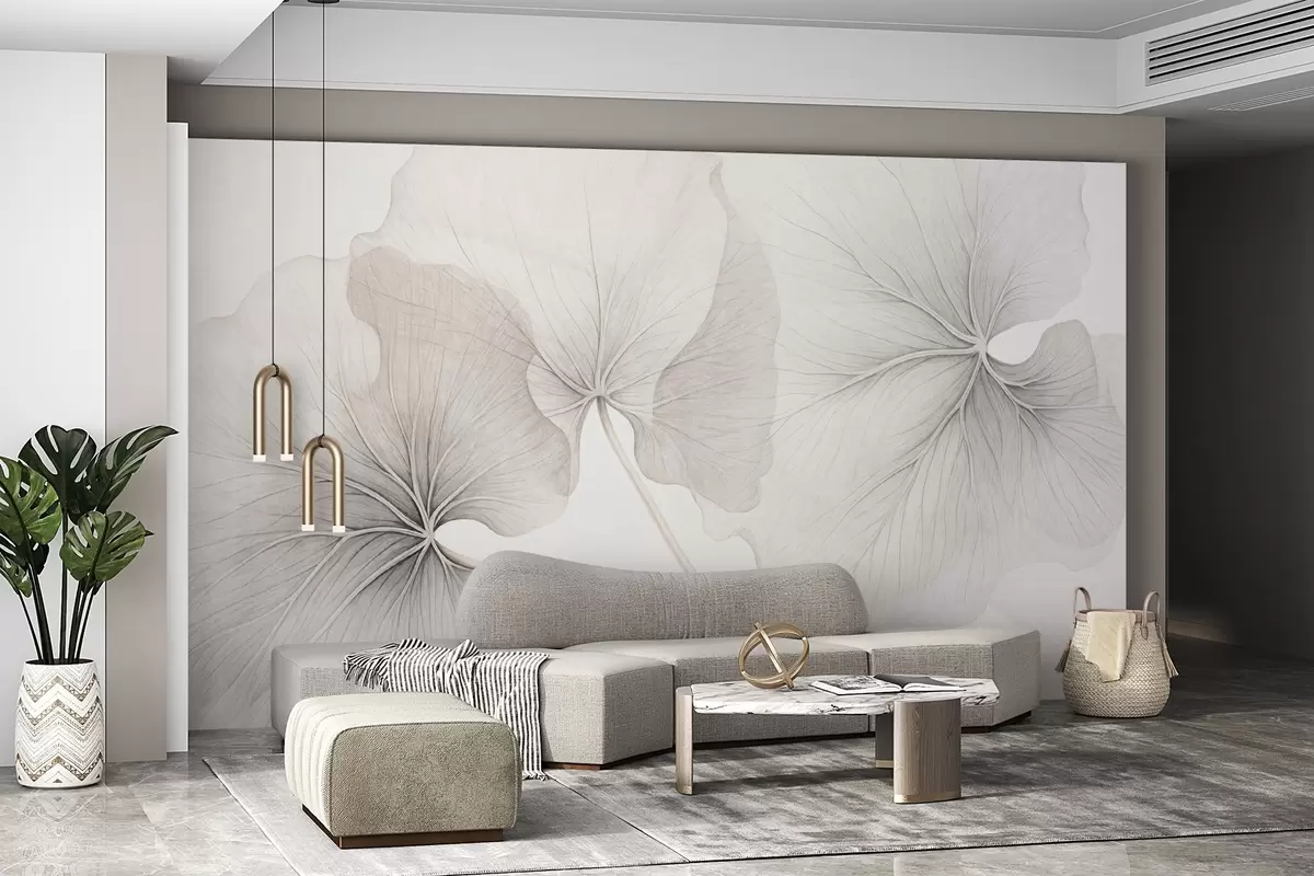 wall murals Three translucent leaves with visible veins, with noise texture overlapping slightly, with thin stems on a white background w09052