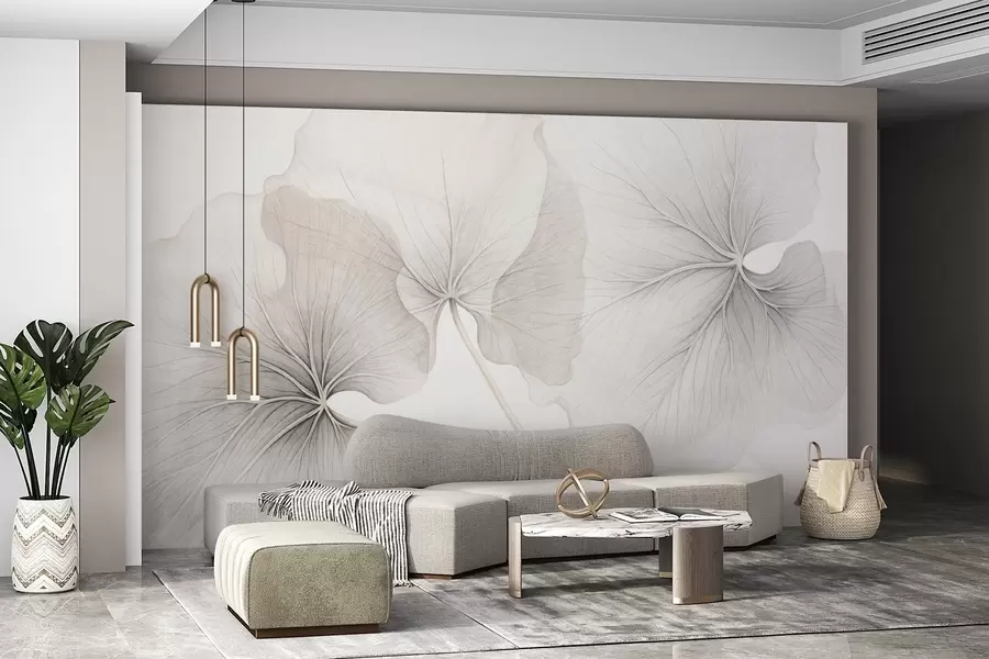 wall murals Three translucent leaves with visible veins, with noise texture overlapping slightly, with thin stems on a white background w09052