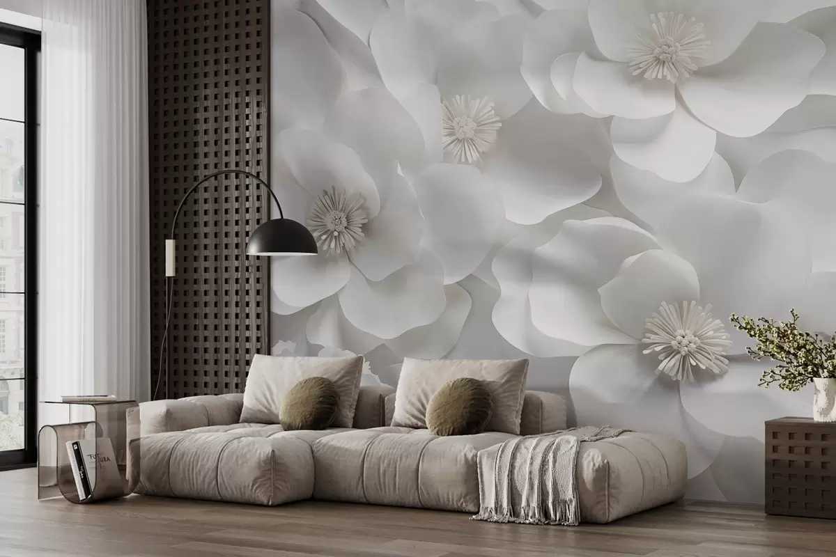 wall murals White flowers with delicate petals, arranged in a dense cluster, creating a sense of purity and elegance on white background w09053