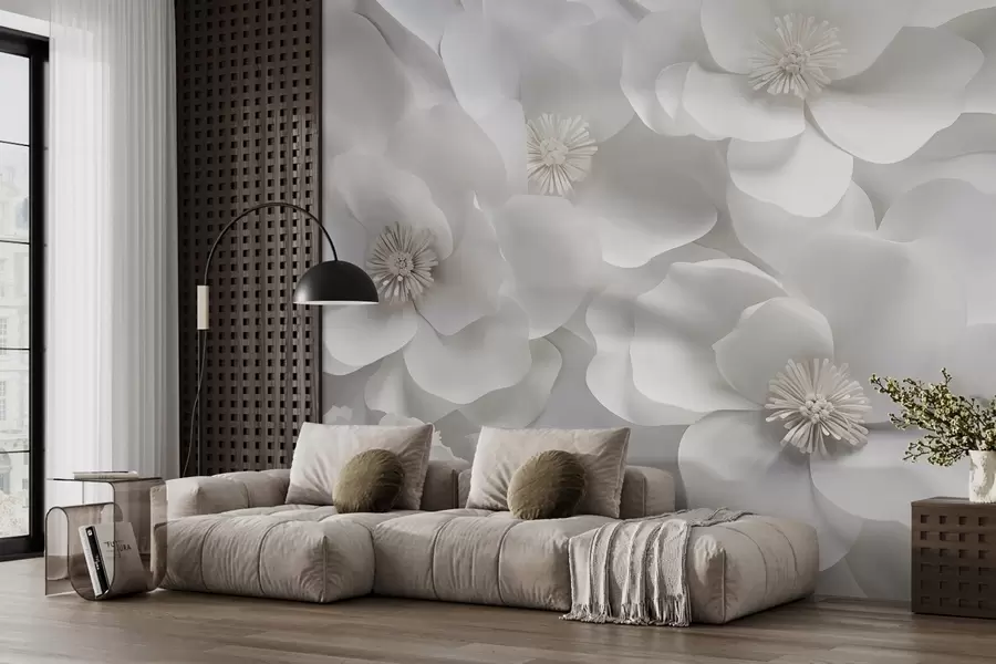 wall murals White flowers with delicate petals, arranged in a dense cluster, creating a sense of purity and elegance on white background w09053