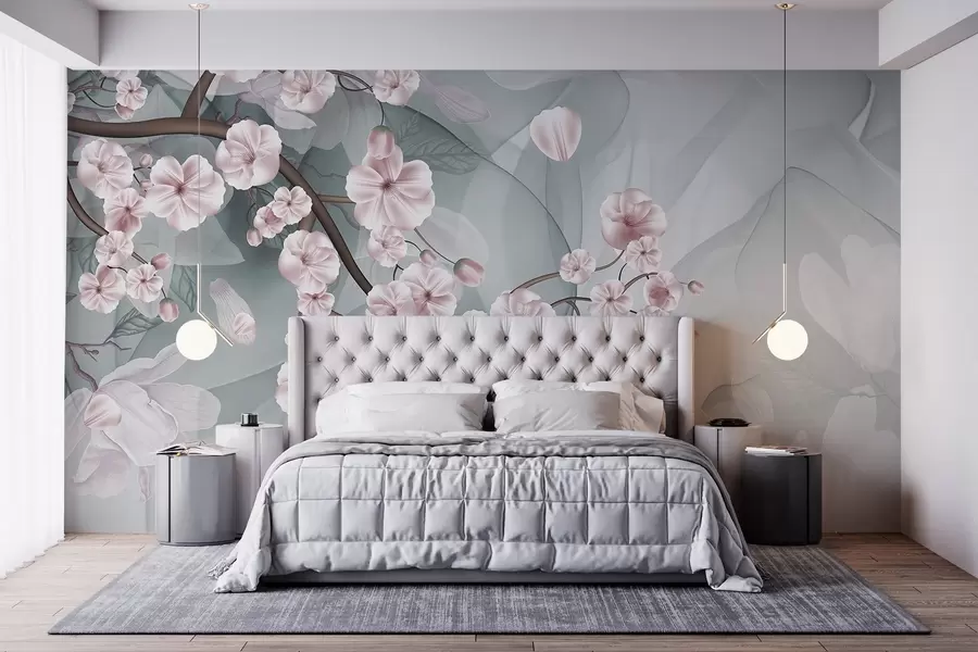 wall murals Cherry blossom branches with pink flowers and petals, brown branches, abstract muted background with flowing effect w09054