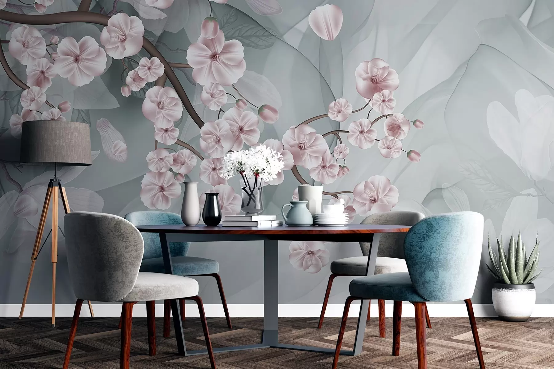 wall murals Cherry blossom branches with pink flowers and petals, brown branches, abstract muted background with flowing effect w09054