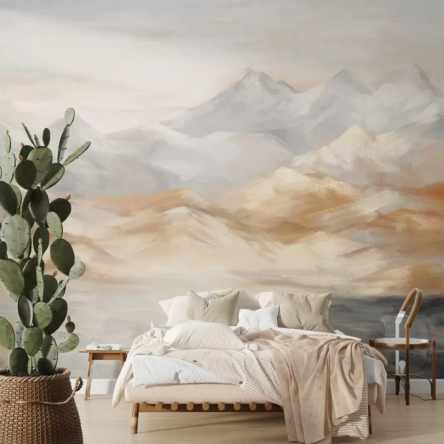 wall murals Textured landscape painting of mountains with a lake in the foreground, in shades of white, gray, and brown w09057