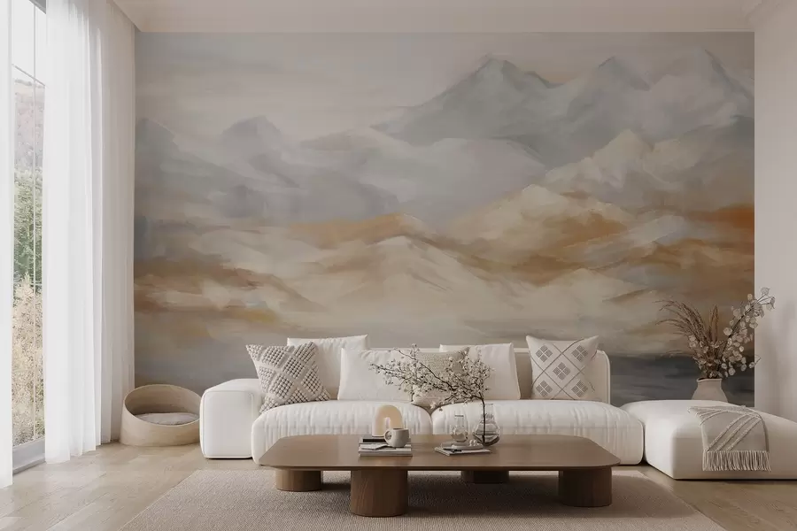wall murals Textured landscape painting of mountains with a lake in the foreground, in shades of white, gray, and brown w09057