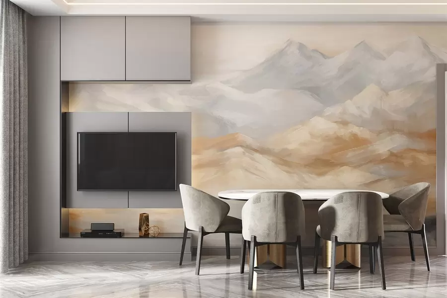 wall murals Textured landscape painting of mountains with a lake in the foreground, in shades of white, gray, and brown w09057