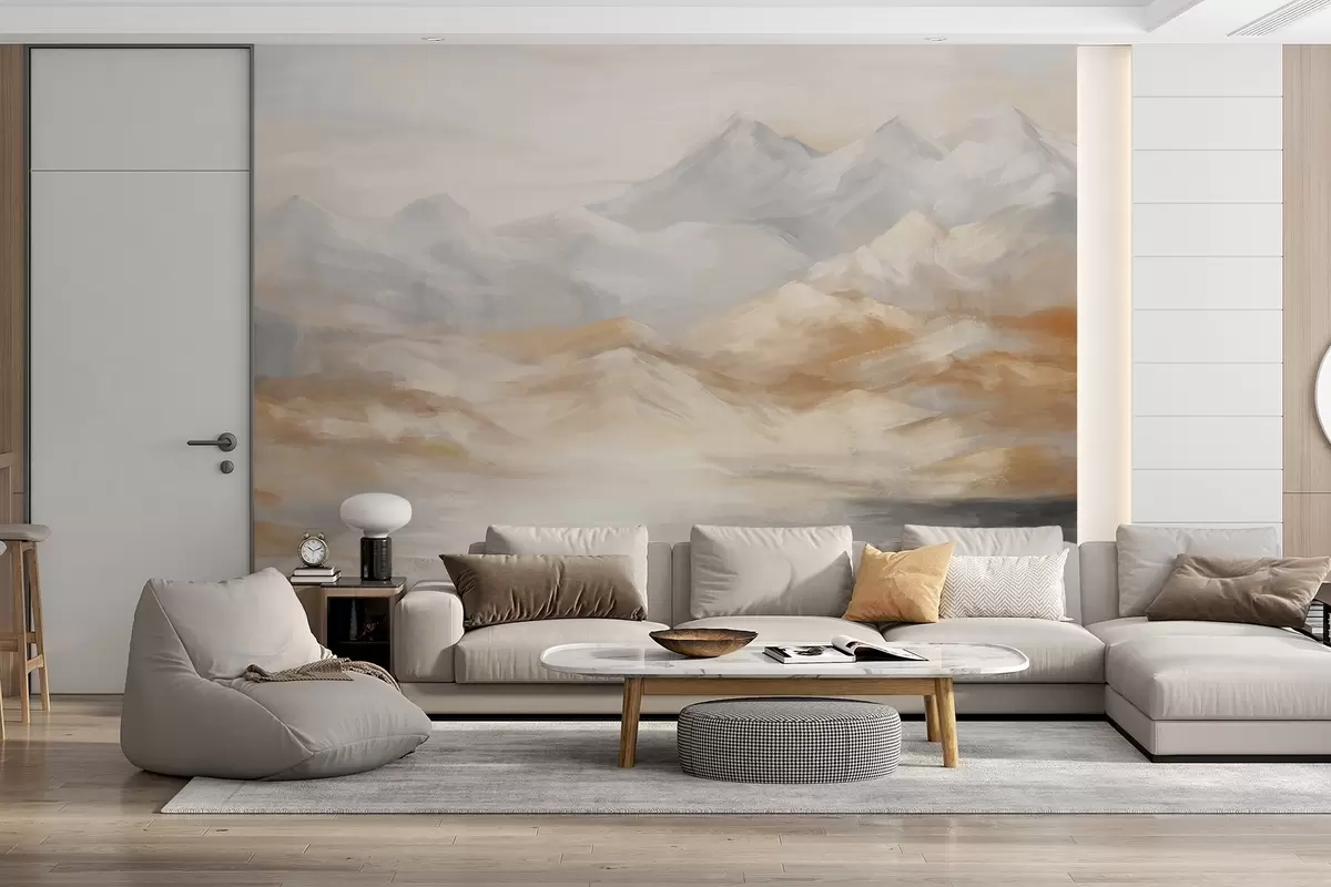 wall murals Textured landscape painting of mountains with a lake in the foreground, in shades of white, gray, and brown w09057