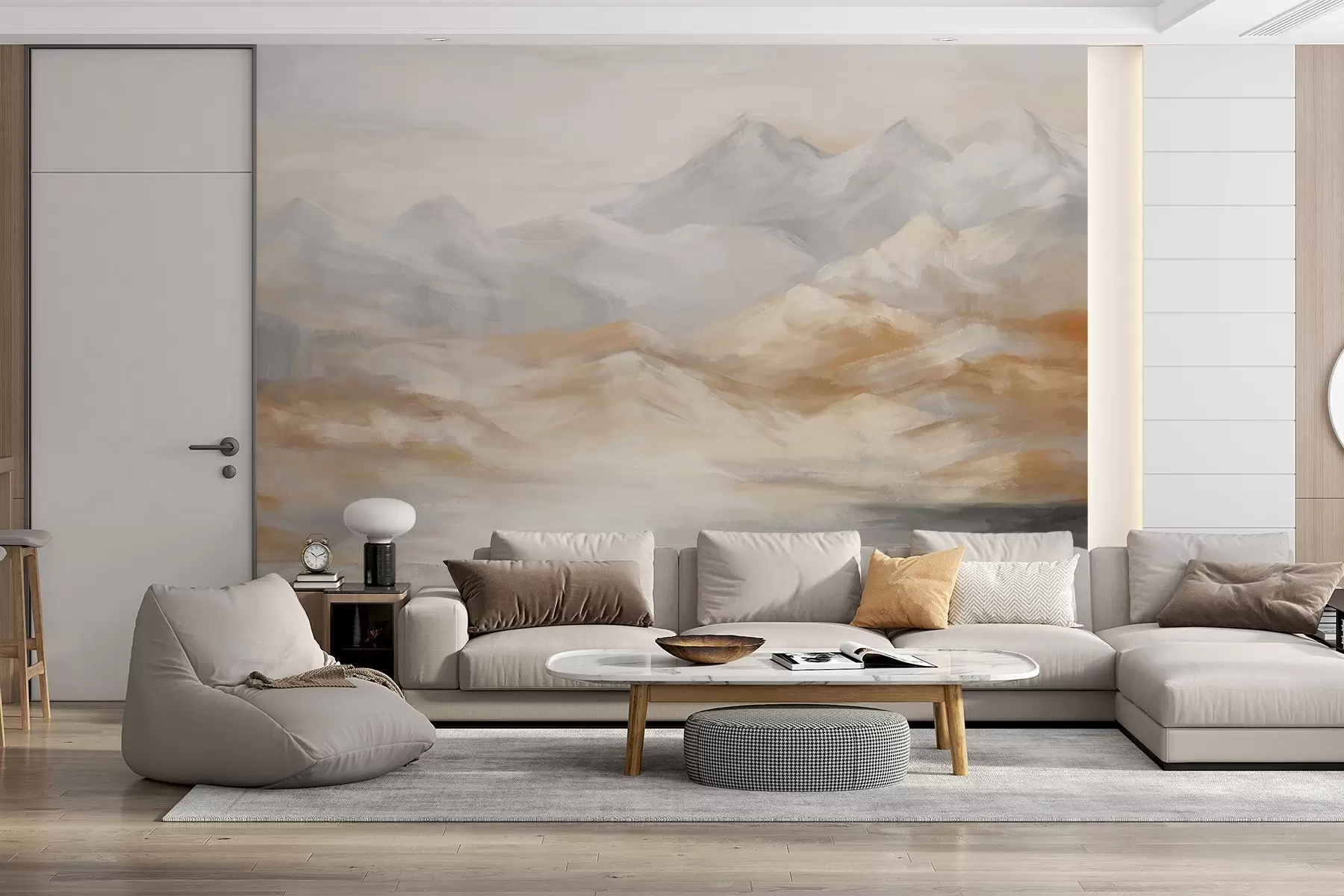 wall murals Textured landscape painting of mountains with a lake in the foreground, in shades of white, gray, and brown w09057