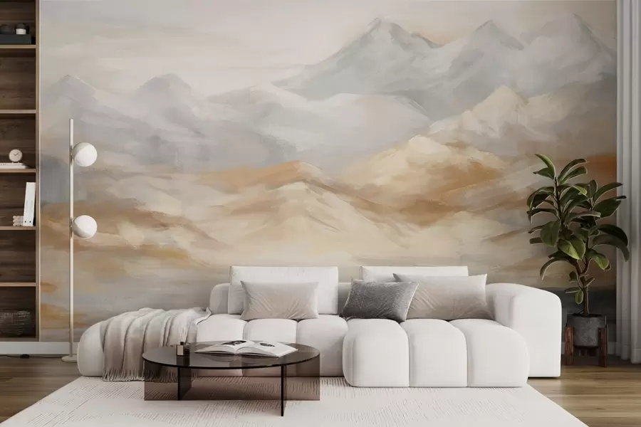 wall murals Textured landscape painting of mountains with a lake in the foreground, in shades of white, gray, and brown w09057