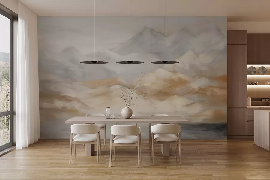wall murals Textured landscape painting of mountains with a lake in the foreground, in shades of white, gray, and brown w09057