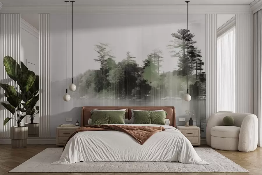 wall murals Abstract minimalism textured landscape with a lake and trees reflections in the water in green and white shades w09058