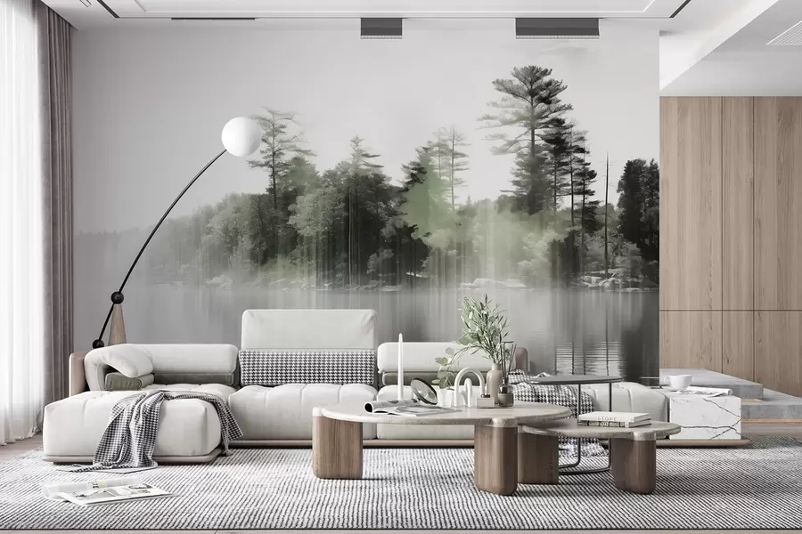 wall murals Abstract minimalism textured landscape with a lake and trees reflections in the water in green and white shades w09058