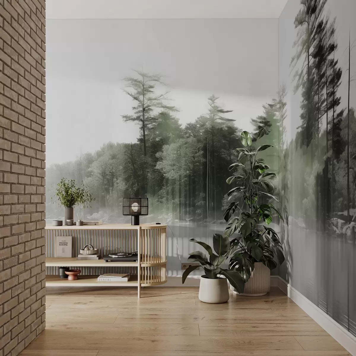 wall murals Abstract minimalism textured landscape with a lake and trees reflections in the water in green and white shades w09058