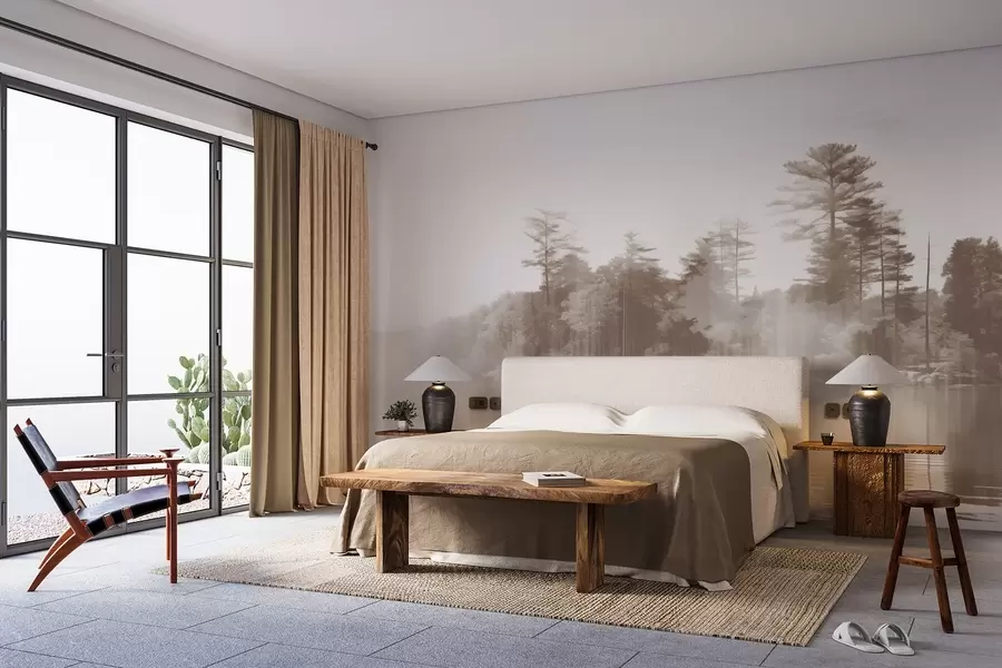 wall murals Abstract minimalism textured landscape with a lake and trees reflections in the water in beige and white shades w09058v1