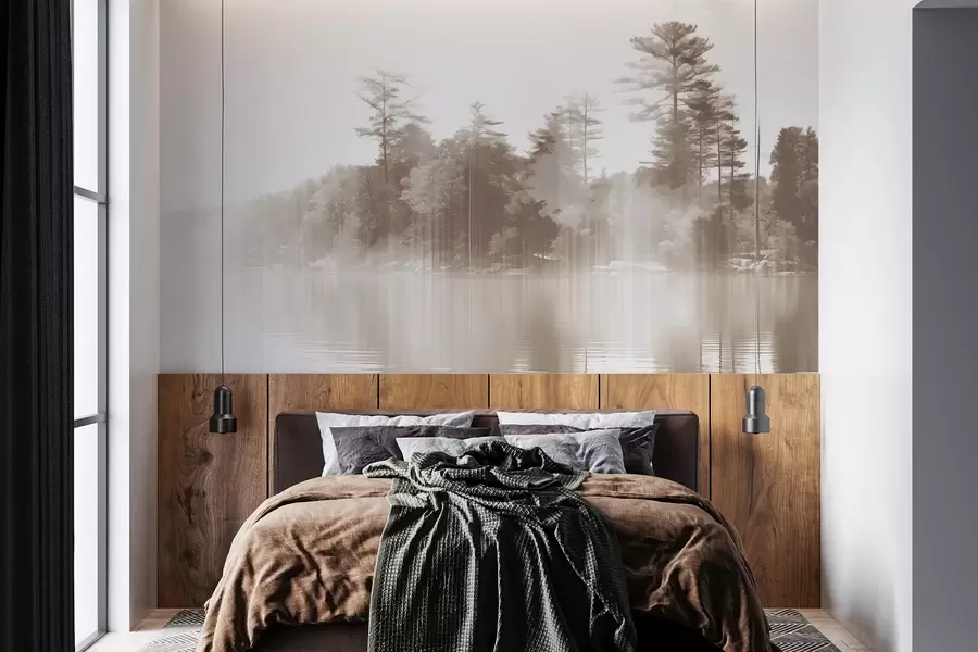 wall murals Abstract minimalism textured landscape with a lake and trees reflections in the water in beige and white shades w09058v1