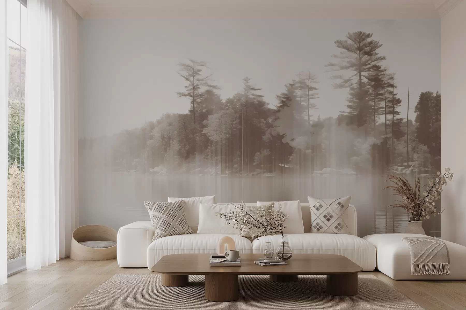 wall murals Abstract minimalism textured landscape with a lake and trees reflections in the water in beige and white shades w09058v1