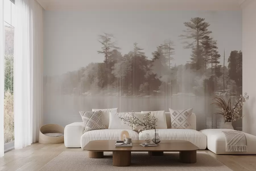 wall murals Abstract minimalism textured landscape with a lake and trees reflections in the water in beige and white shades w09058v1