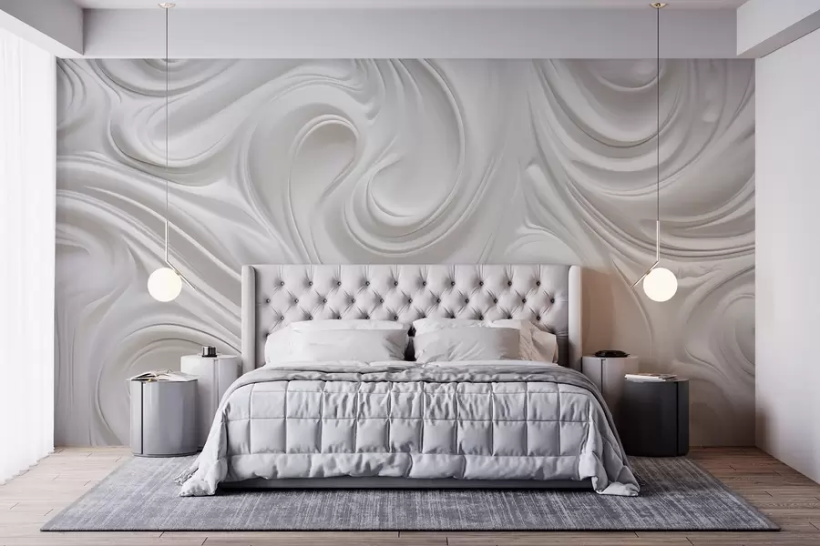 wall murals White abstract modern art with fluid swirls and waves, smooth texture, elegant design, minimalist aesthetic w09059