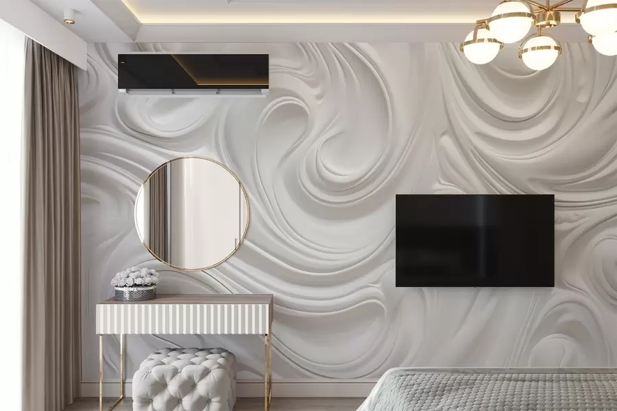 wall murals White abstract modern art with fluid swirls and waves, smooth texture, elegant design, minimalist aesthetic w09059