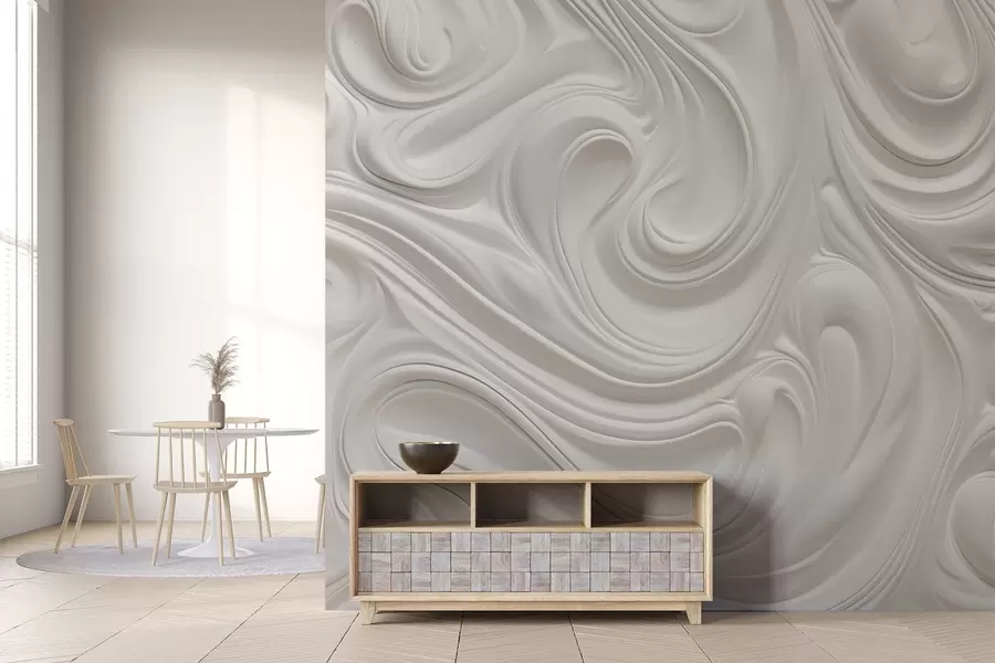 wall murals White abstract modern art with fluid swirls and waves, smooth texture, elegant design, minimalist aesthetic w09059