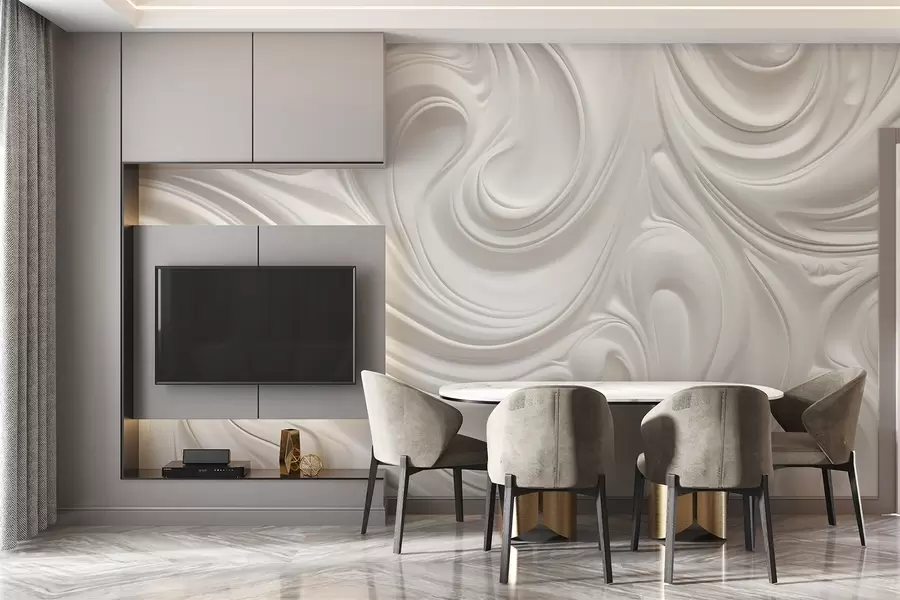 wall murals White abstract modern art with fluid swirls and waves, smooth texture, elegant design, minimalist aesthetic w09059