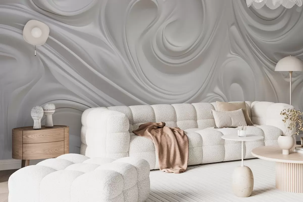 wall murals White abstract modern art with fluid swirls and waves, smooth texture, elegant design, minimalist aesthetic w09059