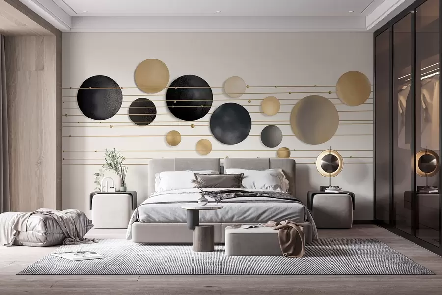 wall murals Abstract modern design with textured circles in white, yellow and gray tones, connected by thin lines, minimalist art  w09060